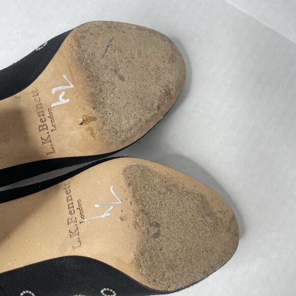 Black Suede Block Heel Pumps Size 6.5 | Retro Mod Polka Dot Party Shoes Sparkly - Picture 10 of 11